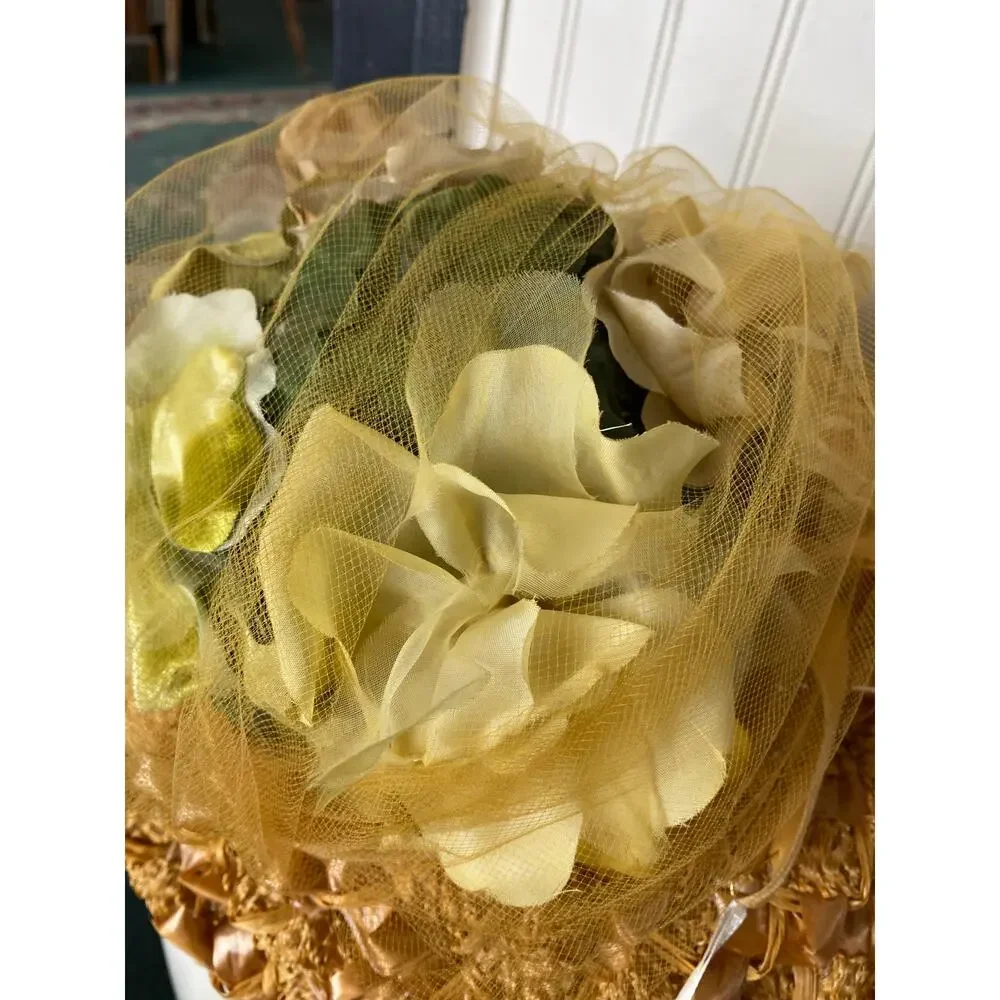 vintage 1960s wide brim straw hat rose petals 60s fashion tulle netting kentucky - Picture 3 of 8